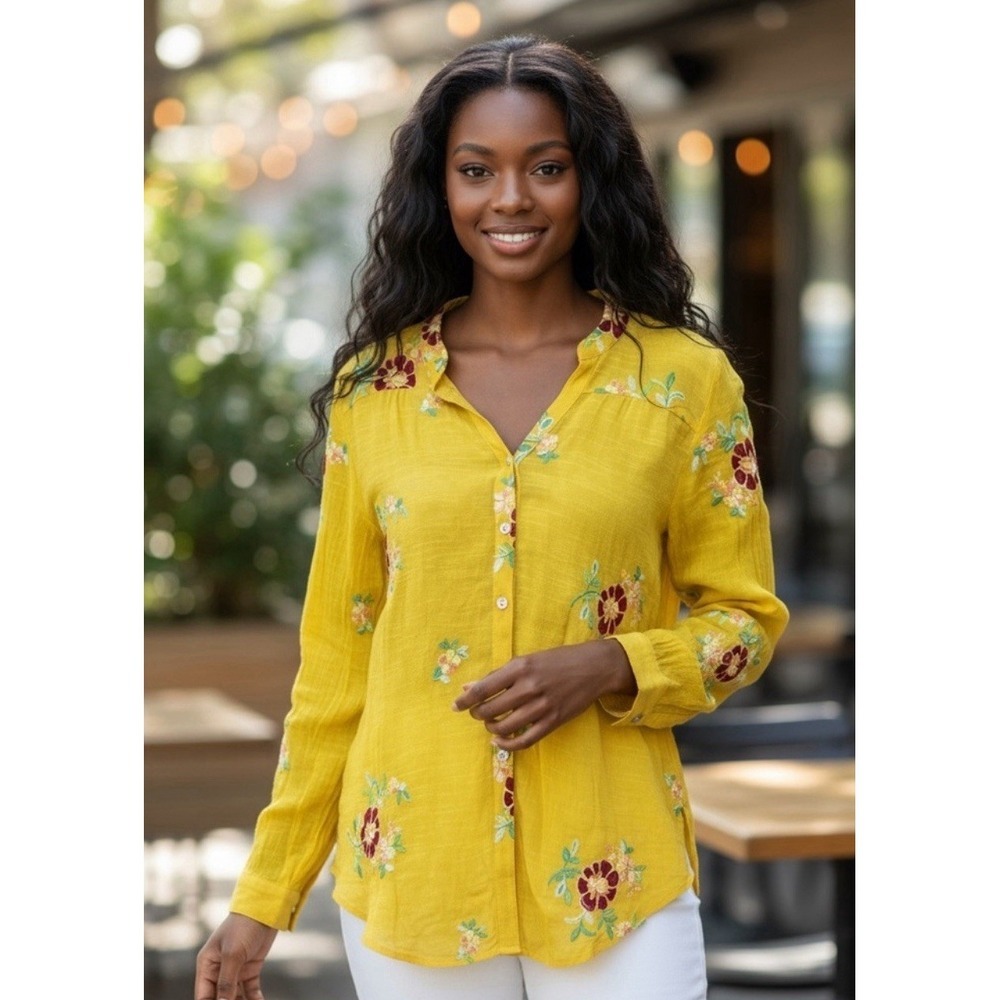 Fig and Flower Yellow Embroidered Gauze Long Sleeve 3X Lightweight Top
